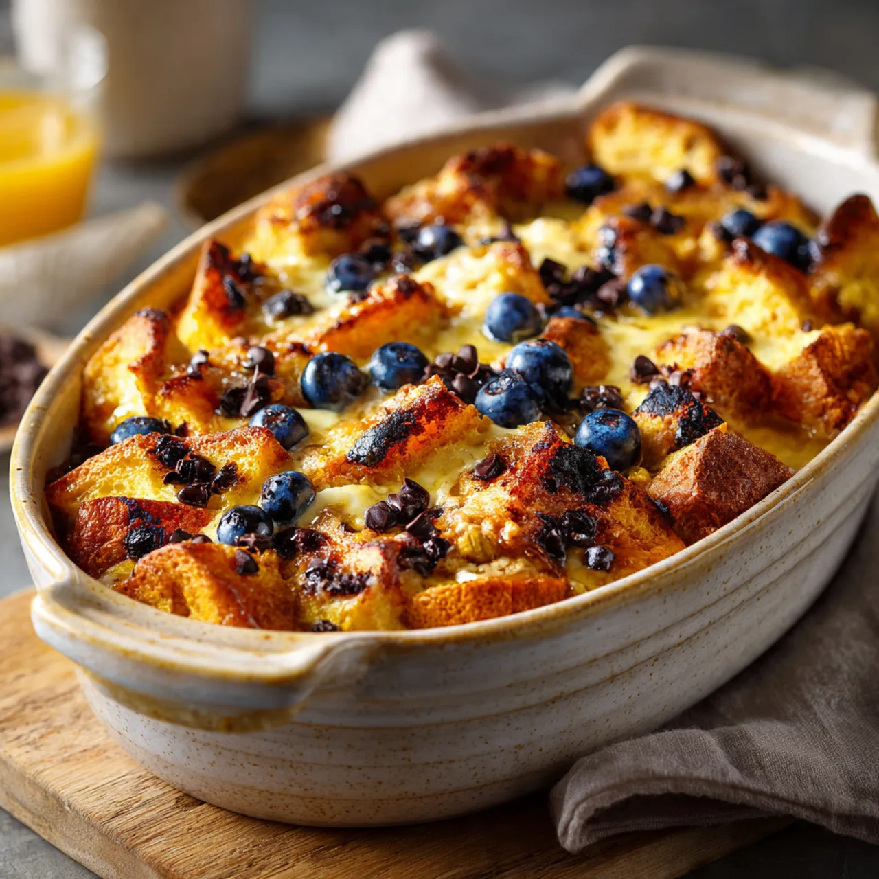 Sourdough French toast casserole with powdered sugar and blueberries