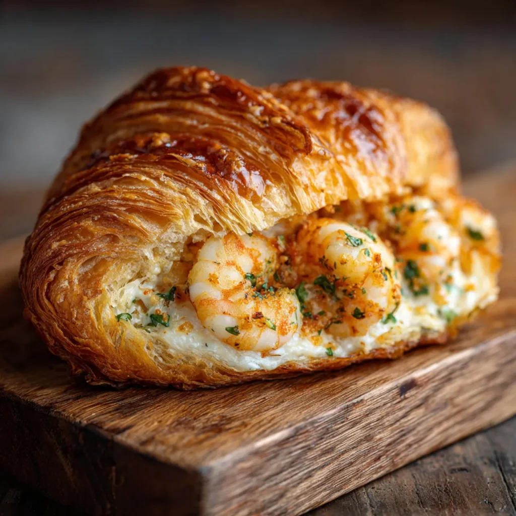 Buttery shrimp stuffed croissant cut open