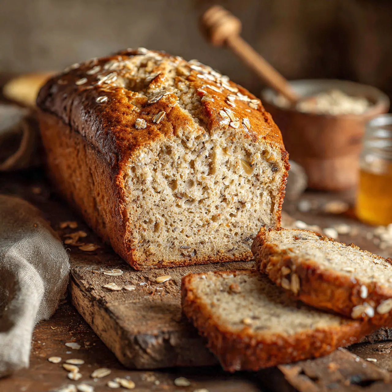 Delicious Greek Yogurt Banana Bread – Moist, Healthy, and Easy 8 Top Image Concept: A medium shot of a freshly baked loaf of Delicious Greek Yogurt Banana Bread on a rustic wooden board. The crust is golden brown with subtle cracks revealing a soft, tender interior, while scattered oats and small chunks of nuts add texture and visual interest. A light drizzle of maple syrup glistens on top. The background is softly blurred to keep focus on the loaf, and natural, warm lighting highlights the moist crumb and golden color. Realistic, appetizing, high-resolution food photography that feels homey, comforting, and family-friendly. Recipe Name Placement: Slice of Delicious Greek Yogurt Banana Bread on plate