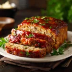 Juicy meatloaf slice with ketchup glaze