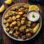 Vegan Fried Okra Recipe – Crispy, Healthy, and Easy 12 Crispy vegan fried okra on plate with lemon wedges
