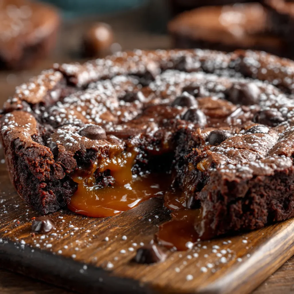 Slice of gooey brownie pie on plate