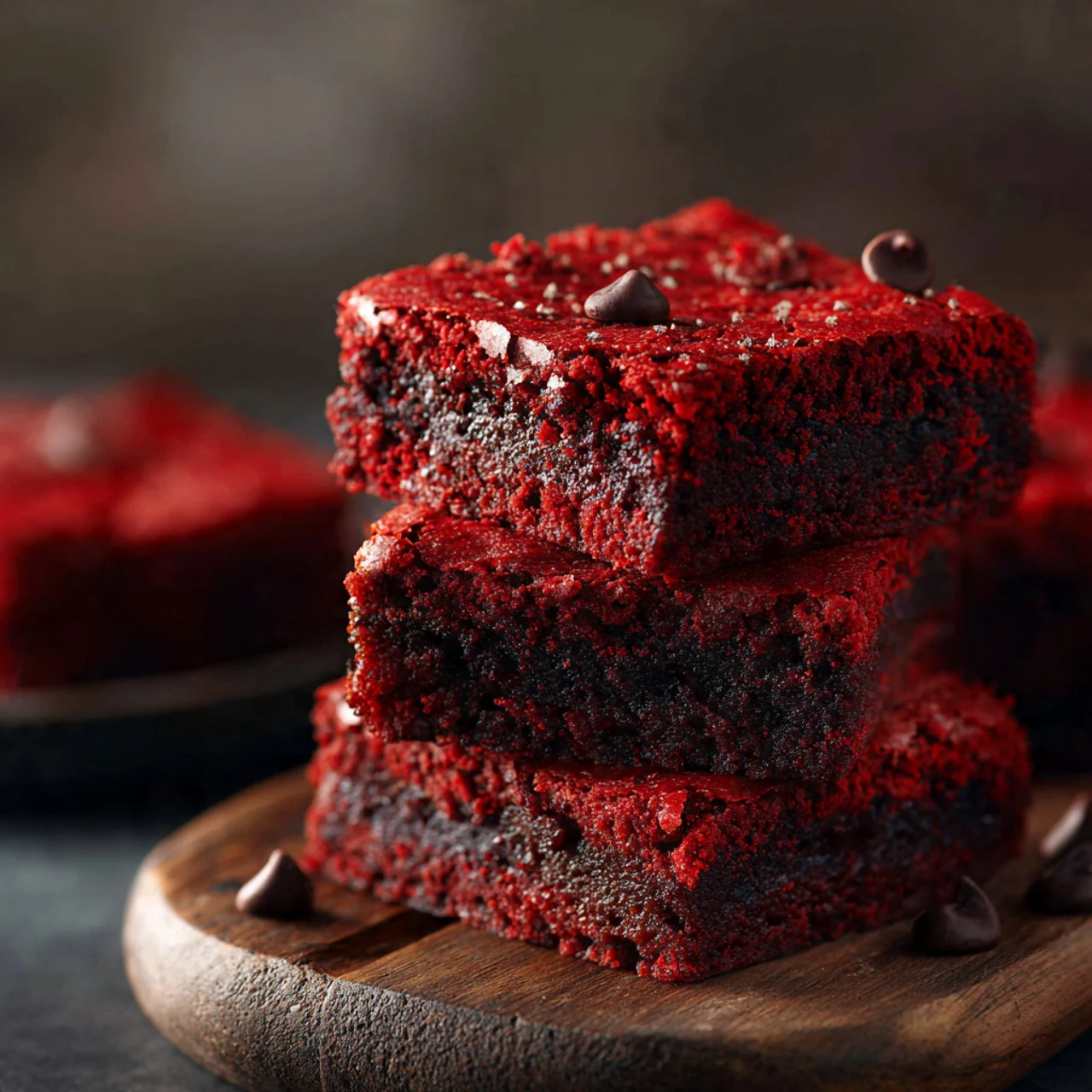 Fudgy red velvet brownies square on plate