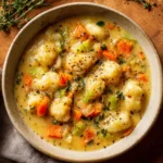 Creamy potato gnocchi soup in a rustic bowl