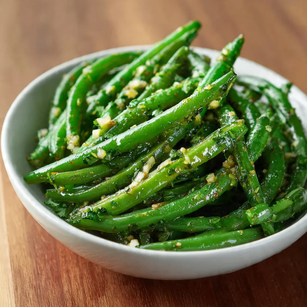 5 Ingredient Garlic and Cilantro Green Beans with EVOO served in a bowl