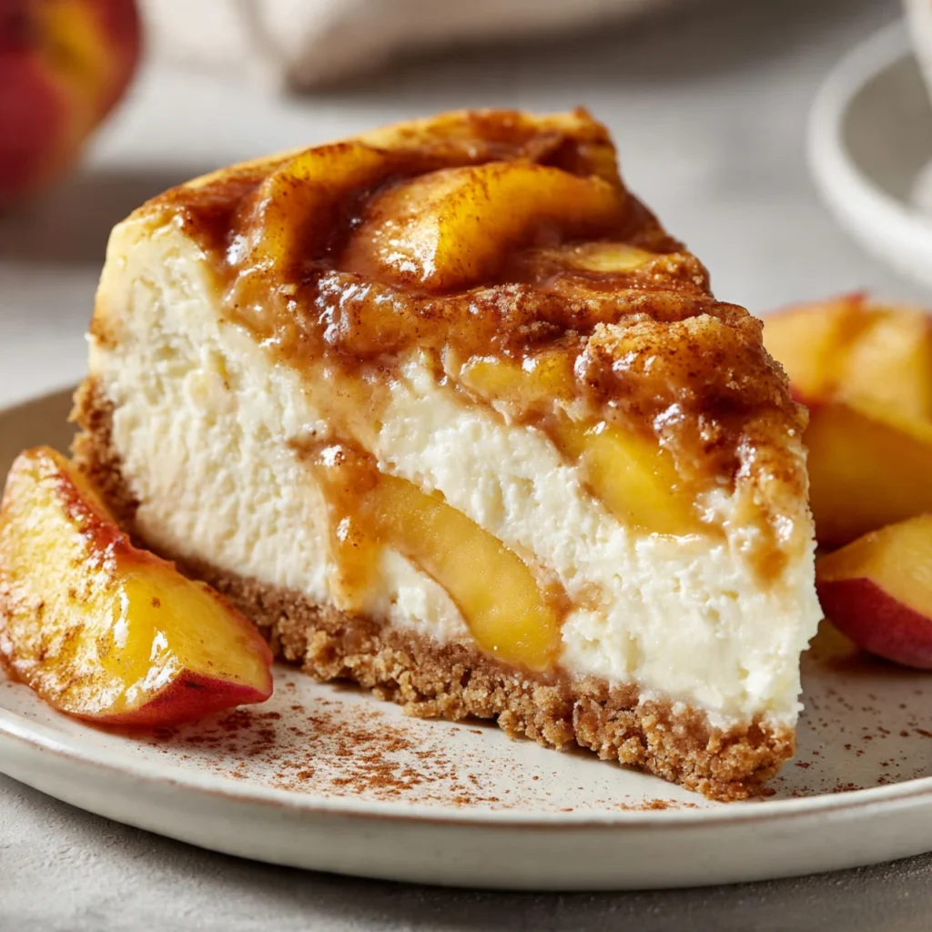 Slice of homemade peach cobbler cheesecake