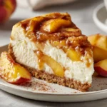Slice of homemade peach cobbler cheesecake