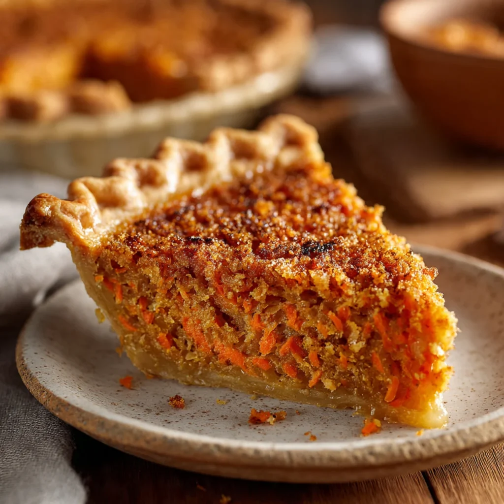 Slice of honey carrot pie on white plate