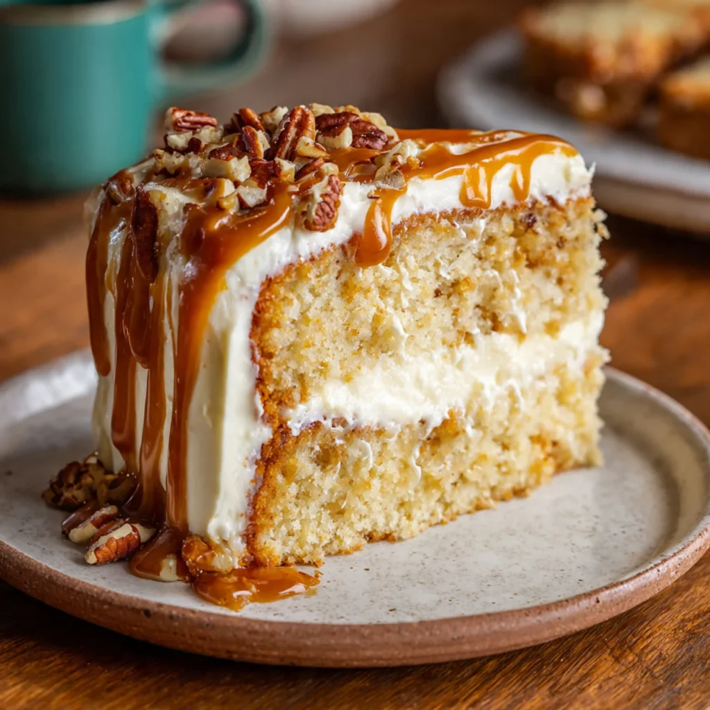 Slice of moist caramel cake with buttercream