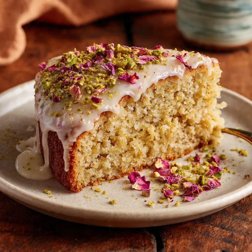 Slice of Persian Love Cake with rosewater glaze