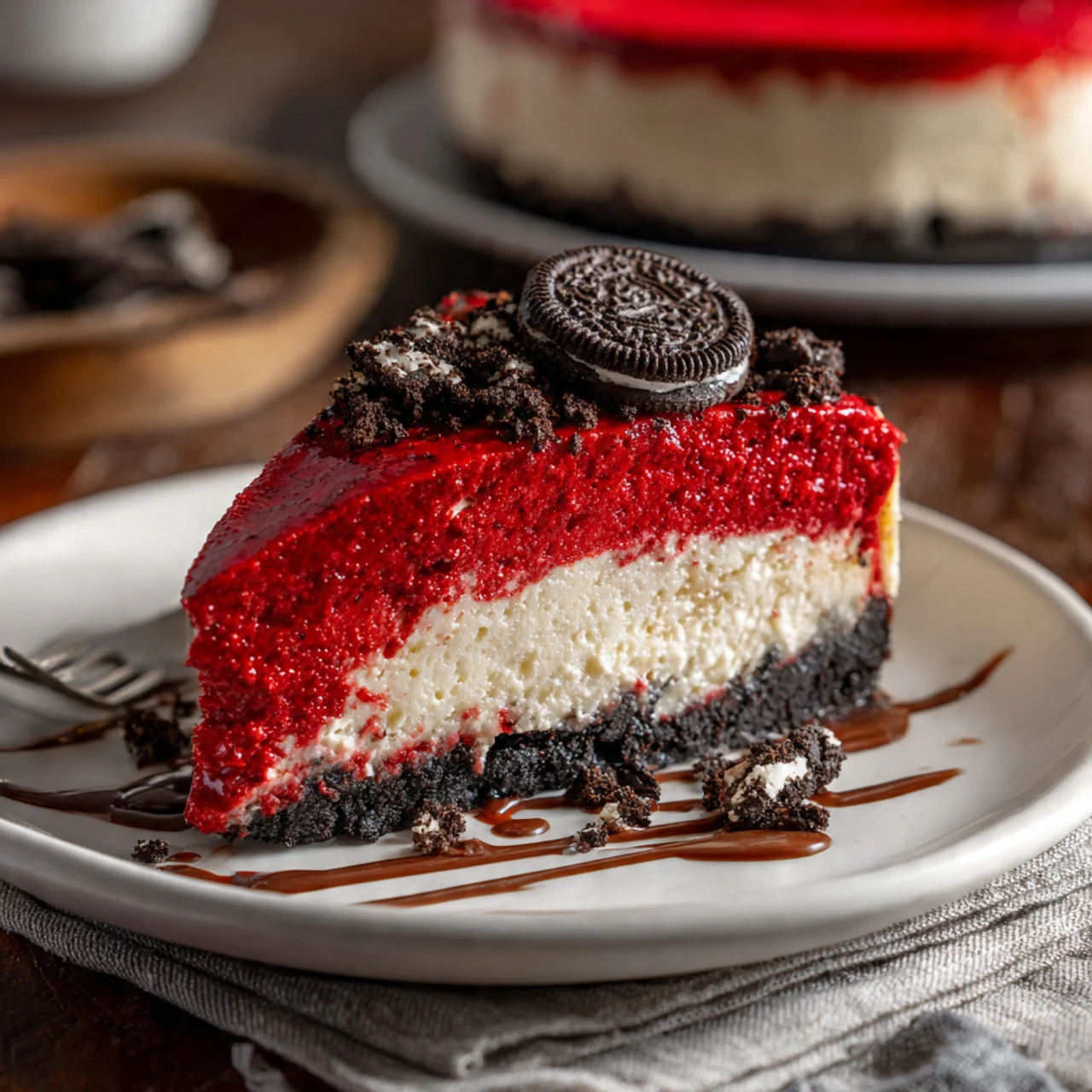 Slice of red velvet Oreo cheesecake on a white plate
