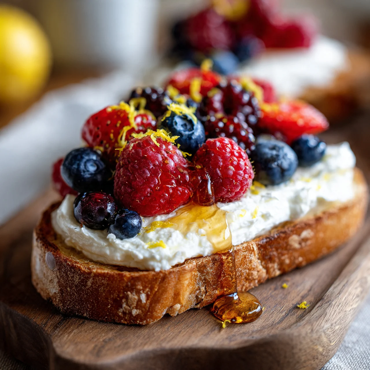 Easy Sweet Ricotta Toast for Breakfast or Brunch 8 Sweet ricotta toast topped with fresh berries and honey
