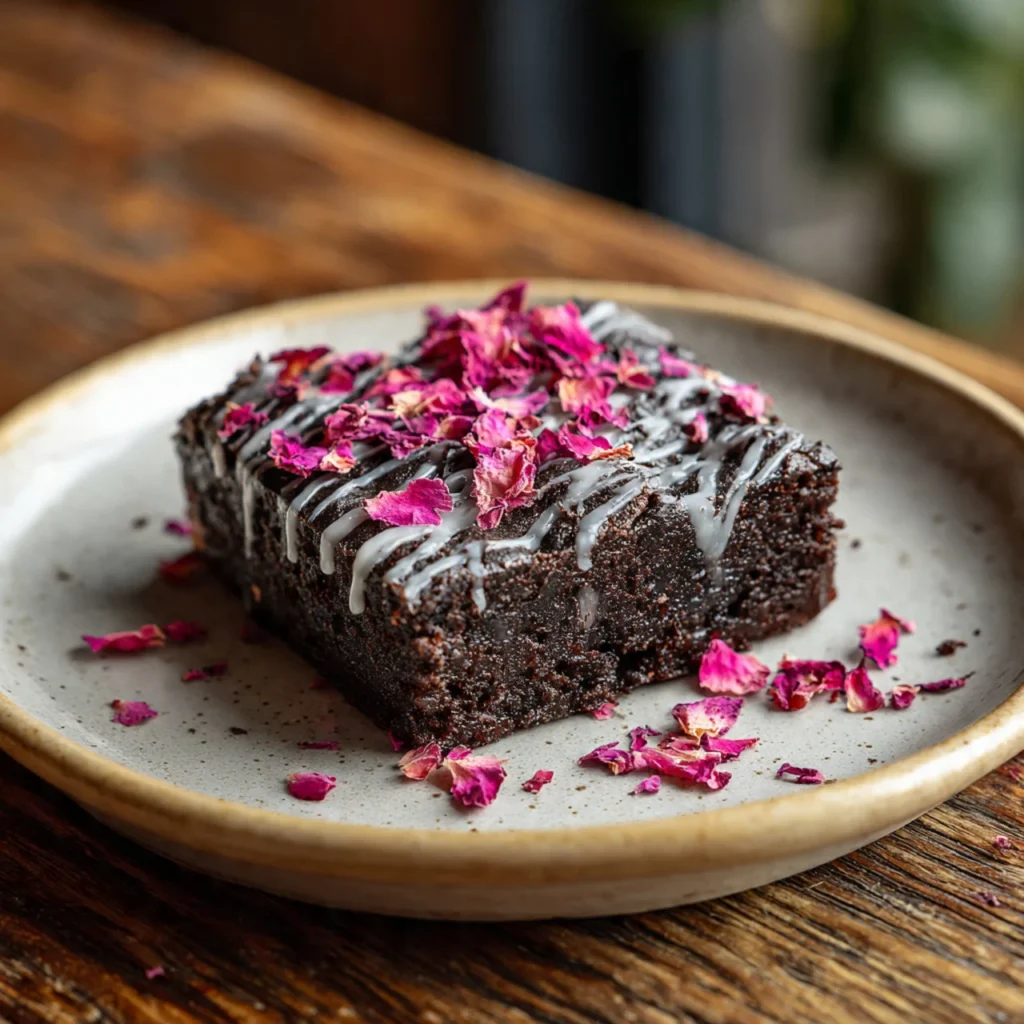 Grey brownies with rose petals on top