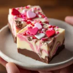 Close-up of Valentine’s Day fudge with candy hearts