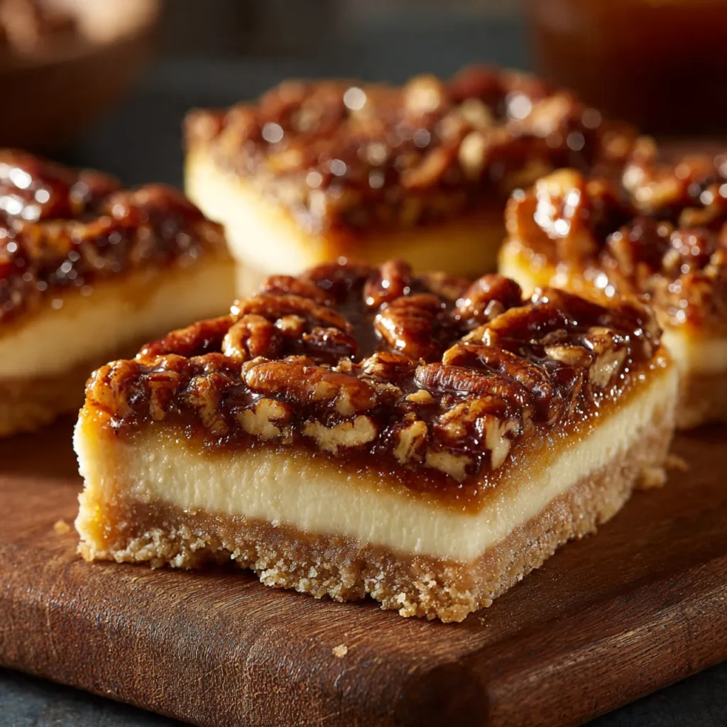 Pecan Pie Cheesecake Bars with shortbread crust