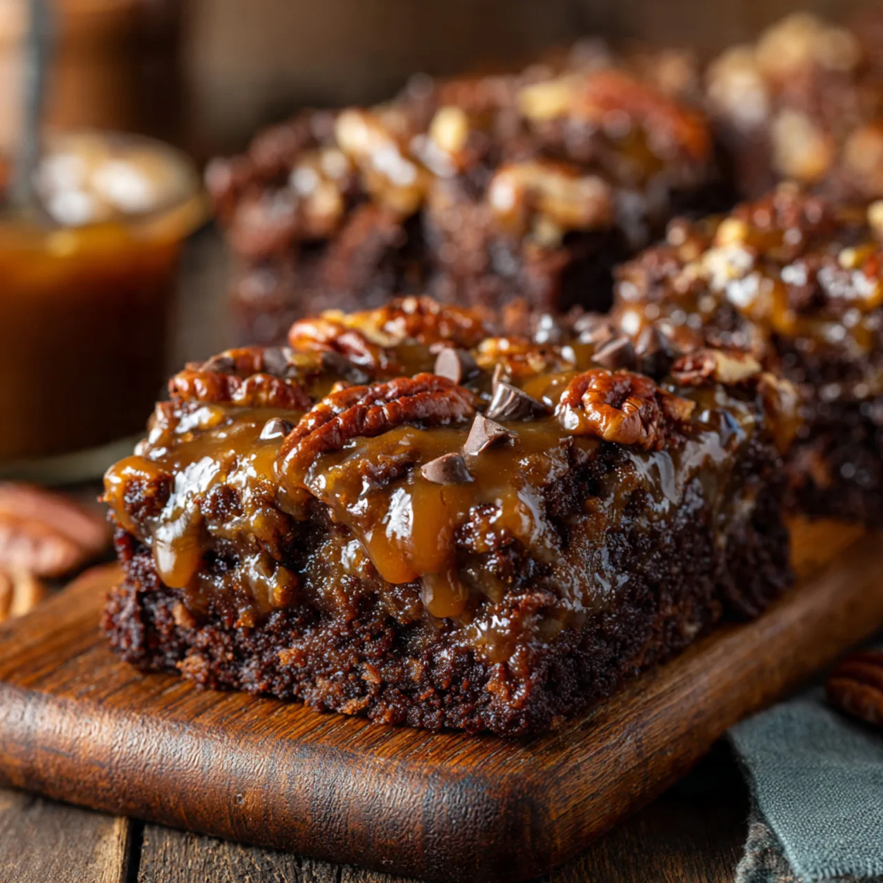 Turtle Brownies Recipe – Easy, Gooey, and Delicious 8 Close-up of turtle brownies with caramel and pecans