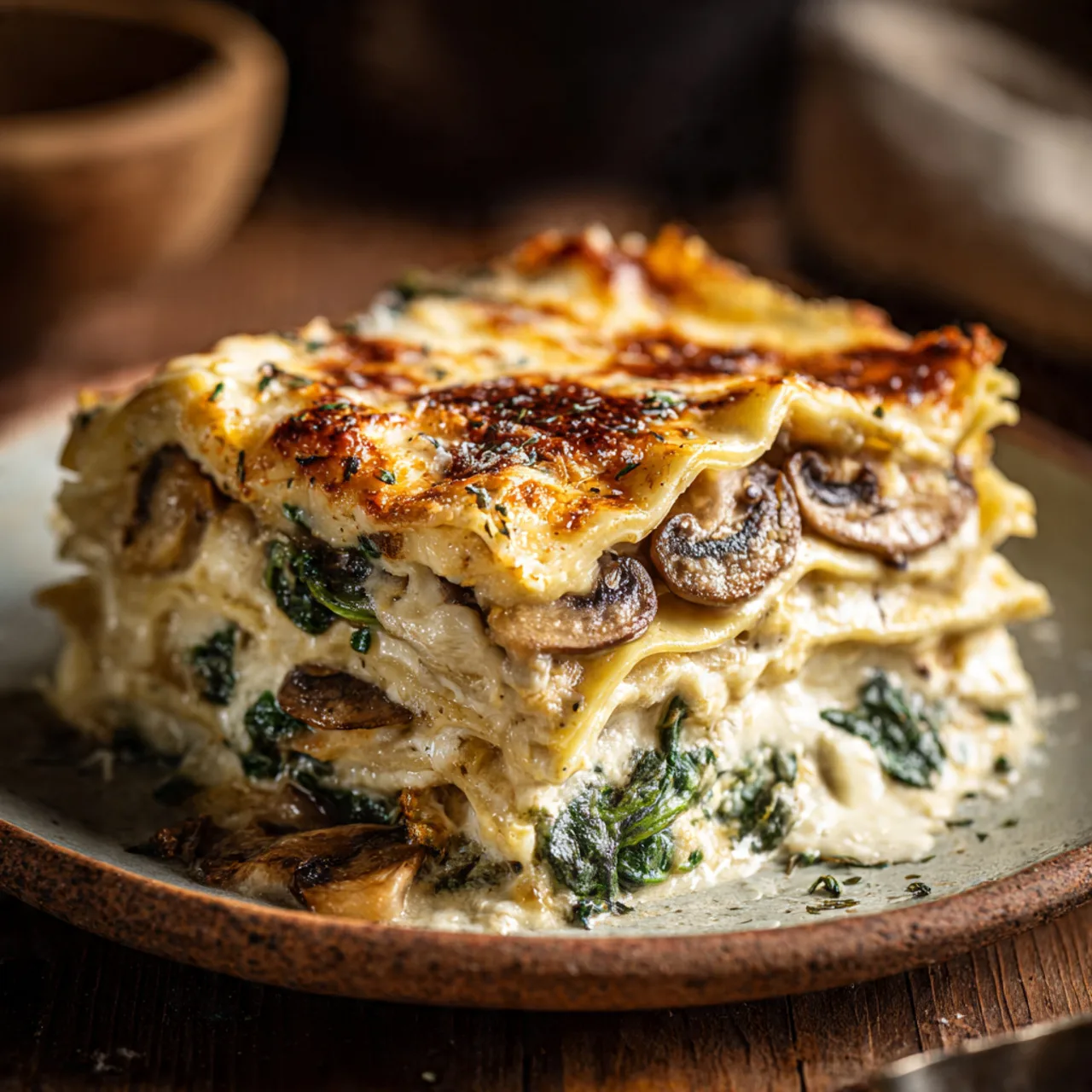 Close-up of creamy mushroom lasagna