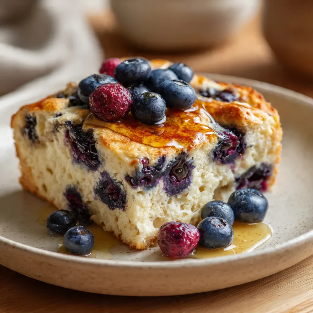 Slice of blueberry cottage cheese breakfast bake served on a plate