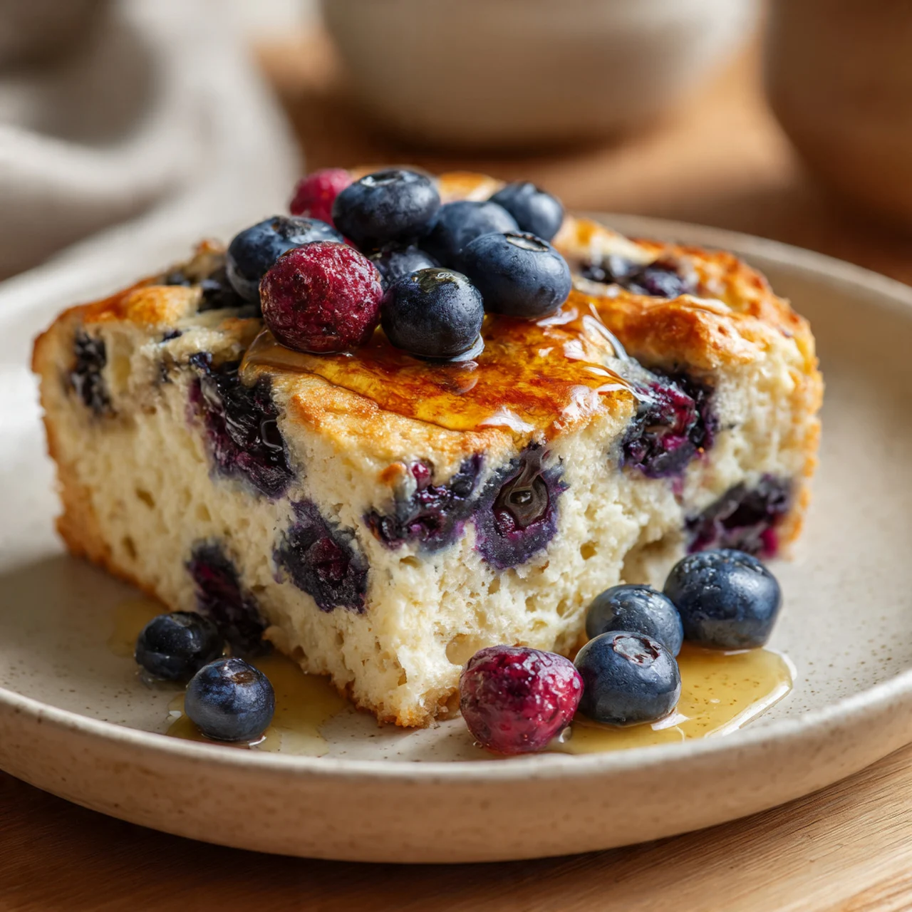 Slice of blueberry cottage cheese breakfast bake served on a plate