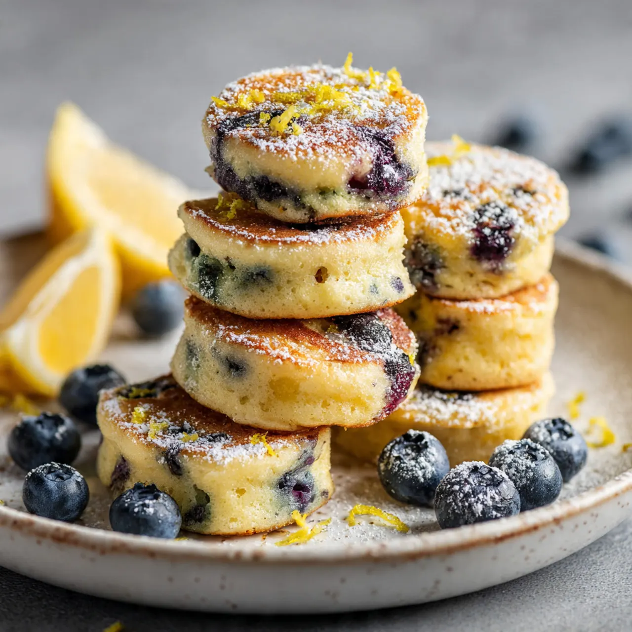 Blueberry lemon pancake bites stacked on a plate