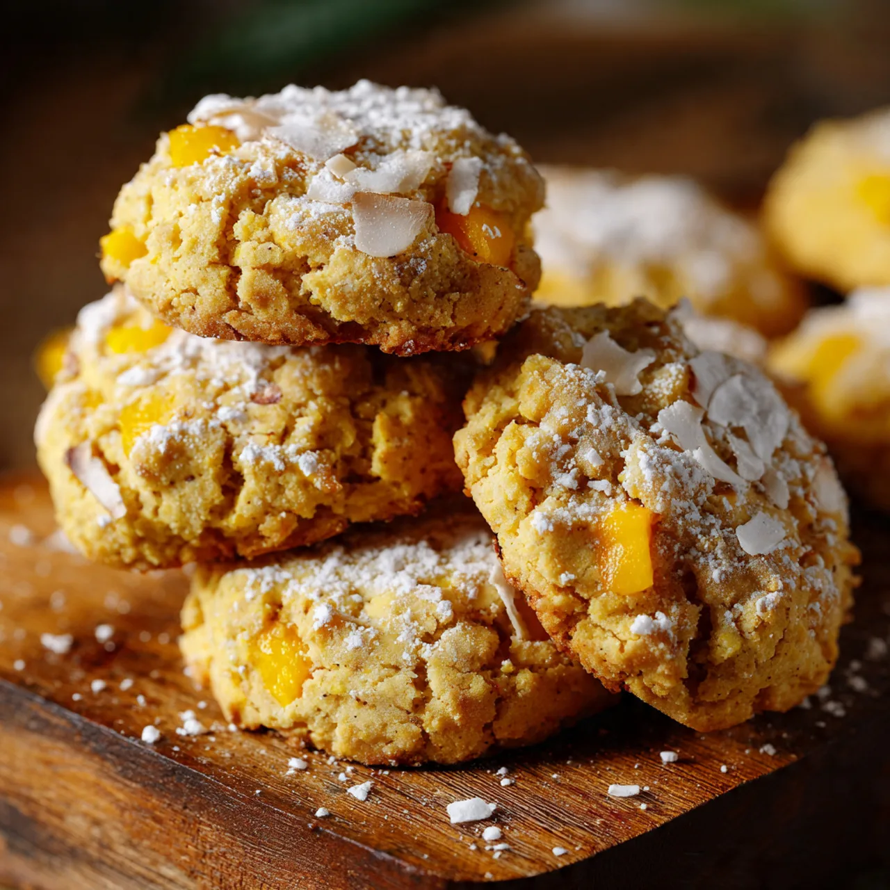 Soft golden mango cookies stacked on plate