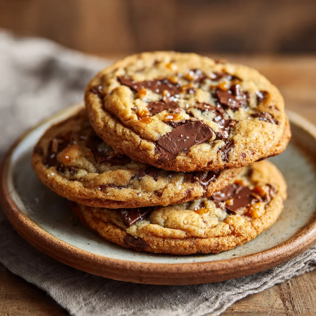Close-up stack of brown butter chocolate chip cookies