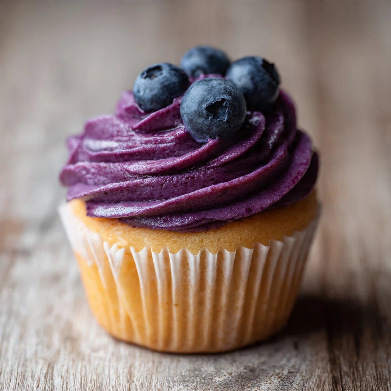 Blueberry buttercream frosting piped on a cupcake