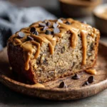 Slice of Delicious High Protein Peanut Butter Banana Bread with peanut butter drizzle