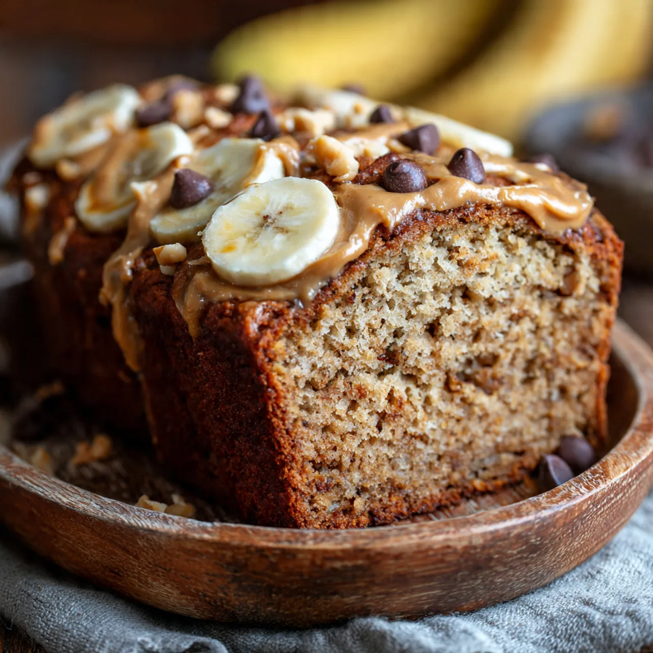 Slice of peanut butter banana bread on wooden plate