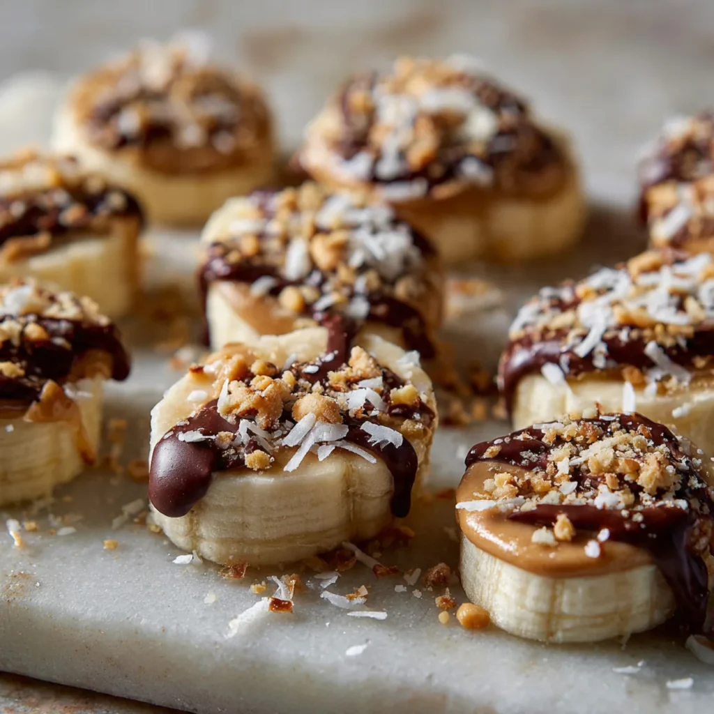 Tasty frozen peanut butter banana bites served on tray