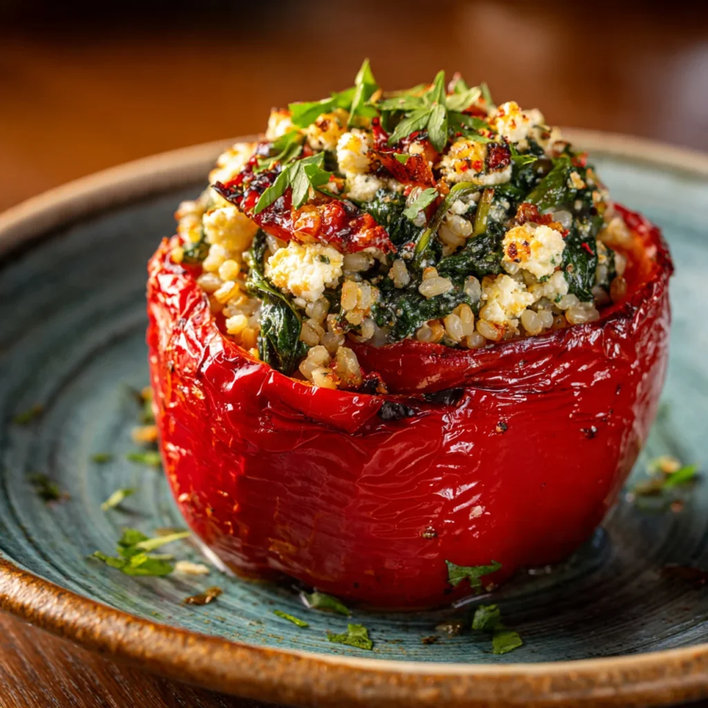 Mediterranean Spinach Feta Stuffed Peppers plated