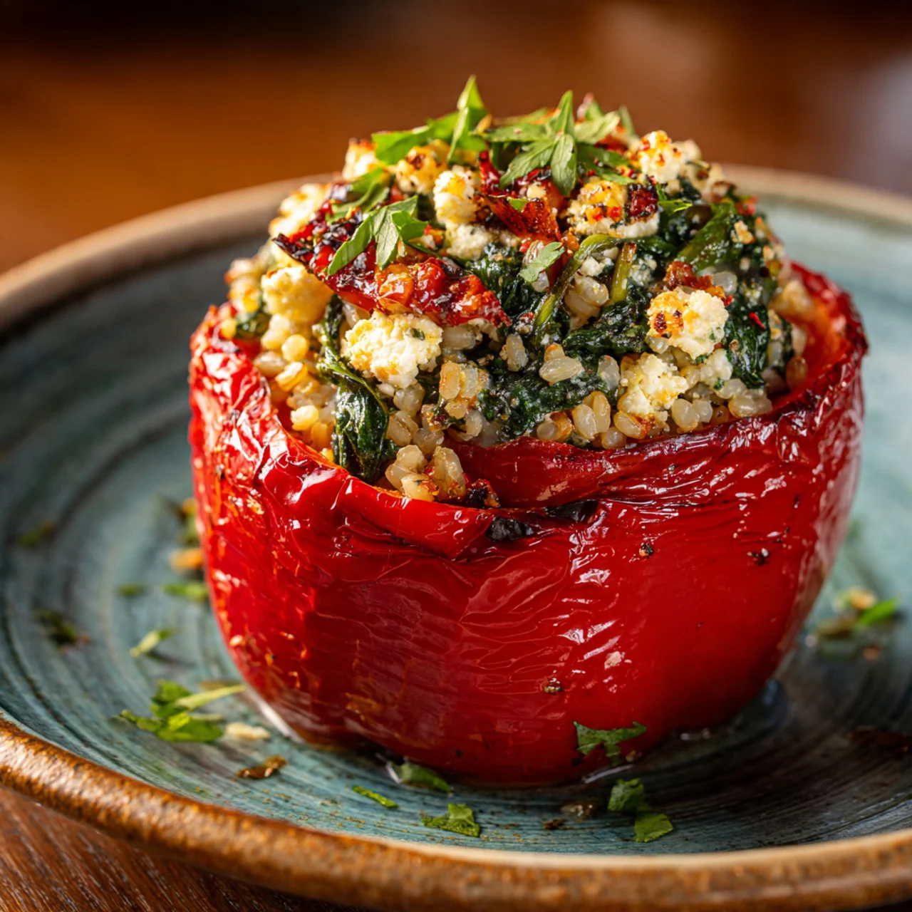 Mediterranean Spinach Feta Stuffed Peppers plated
