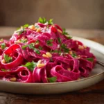 Simple beet fettuccine with creamy beetroot pasta sauce