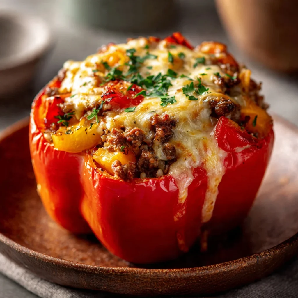Close-up of irresistible air fryer stuffed bell pepper