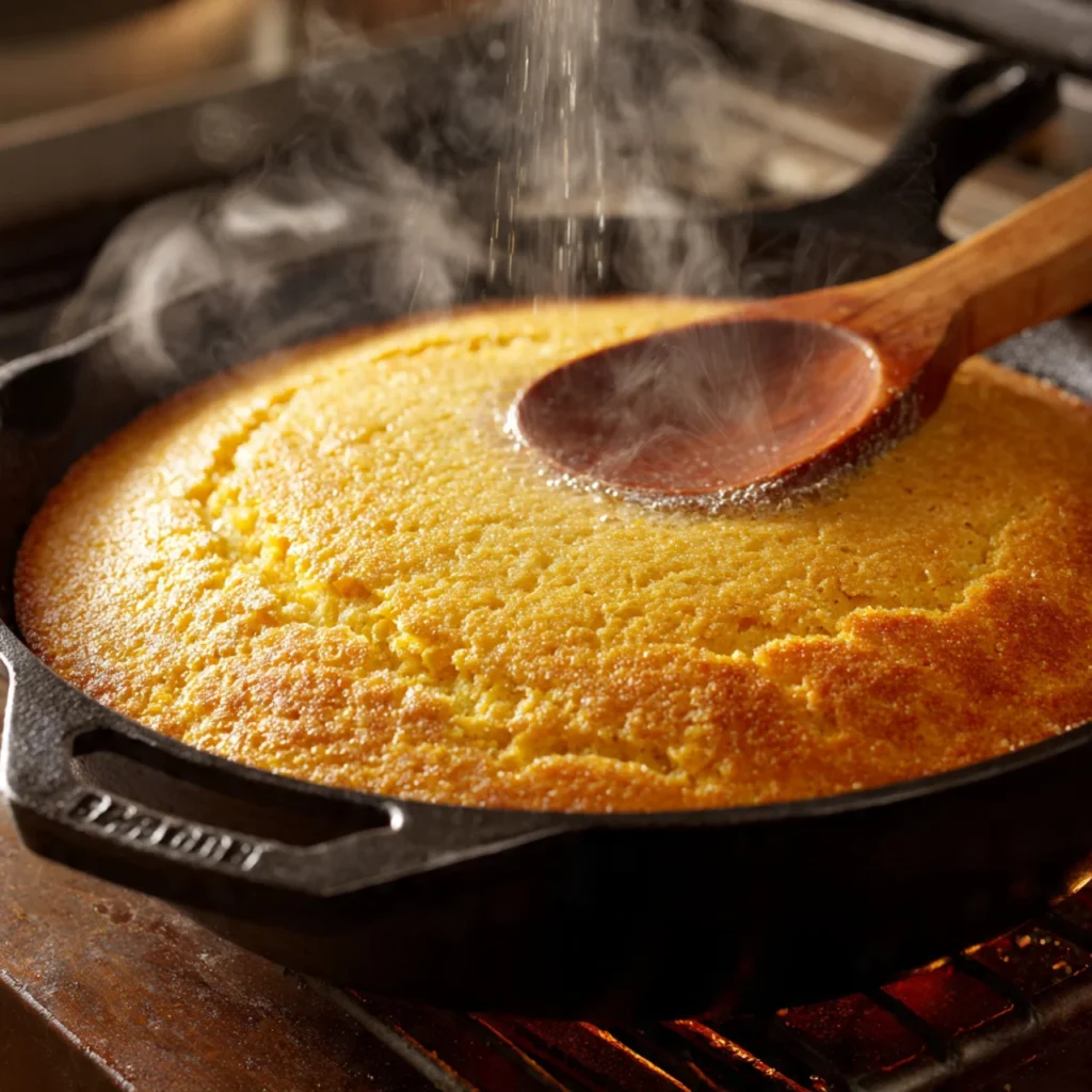 Southern cornbread baking in skillet
