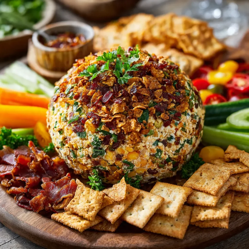 Cowboy Caviar Jalapeño Popper Cheese Ball served with crackers