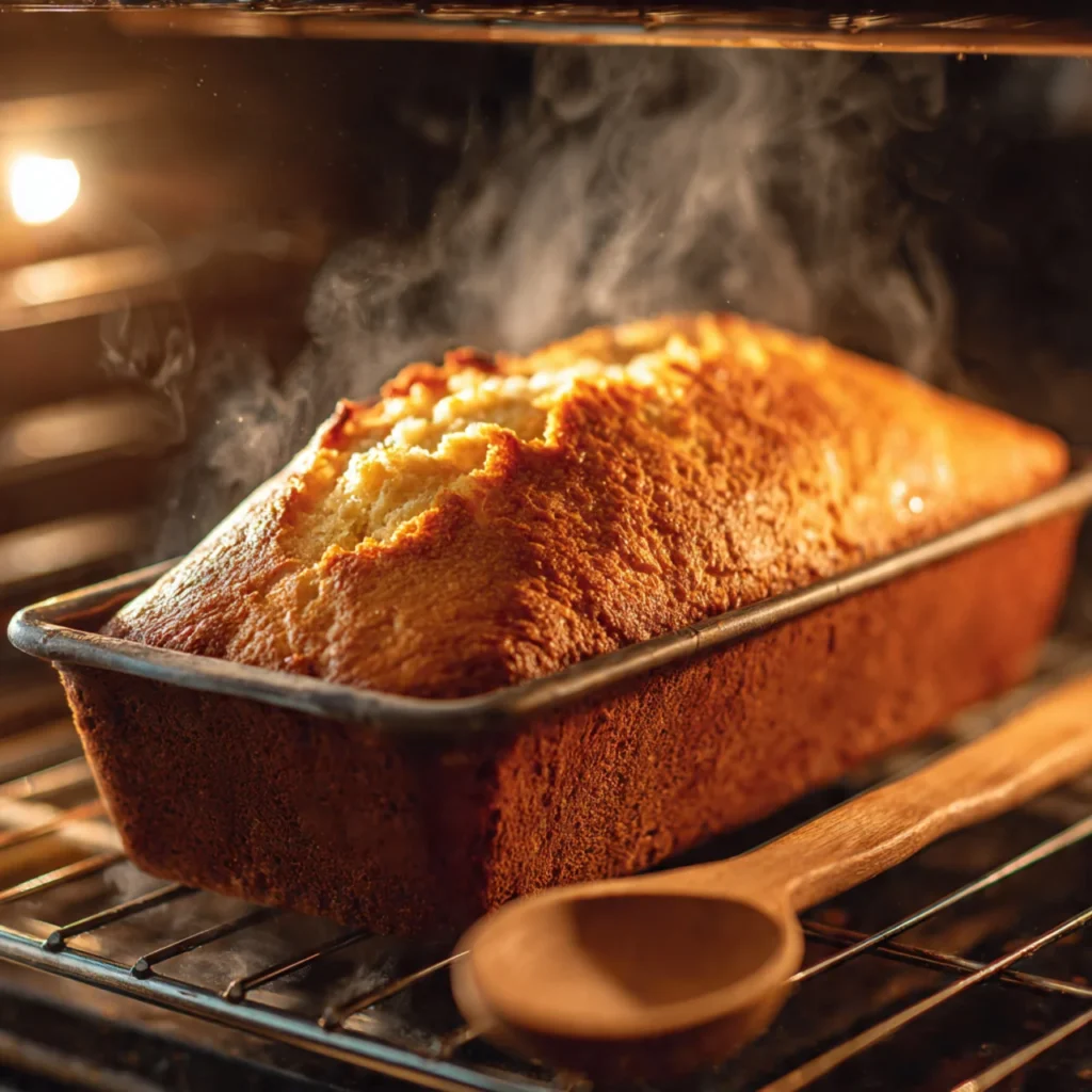 Eggnog bread baking in oven