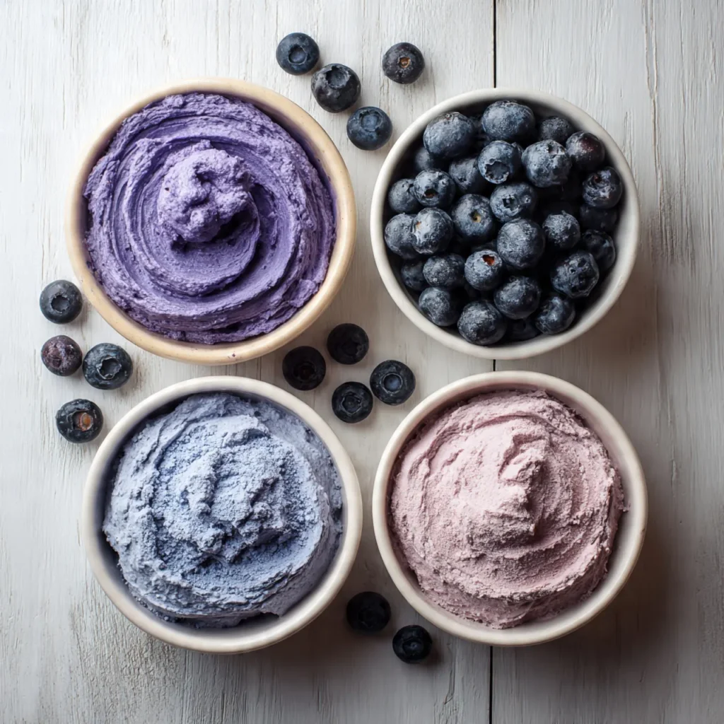 Four blueberry buttercream frosting variations
