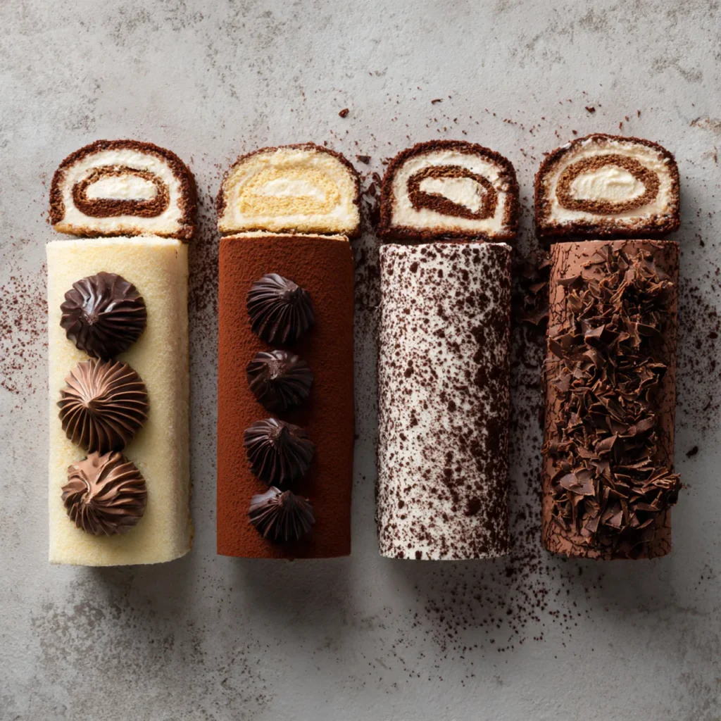 Four gourmet tiramisu yule log cake variations