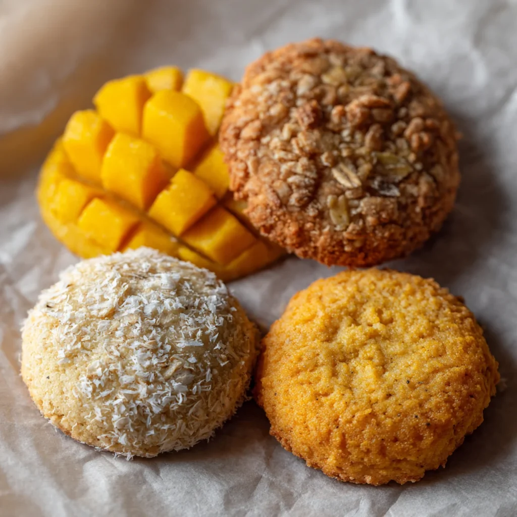 Four mango cookie variations flat lay
