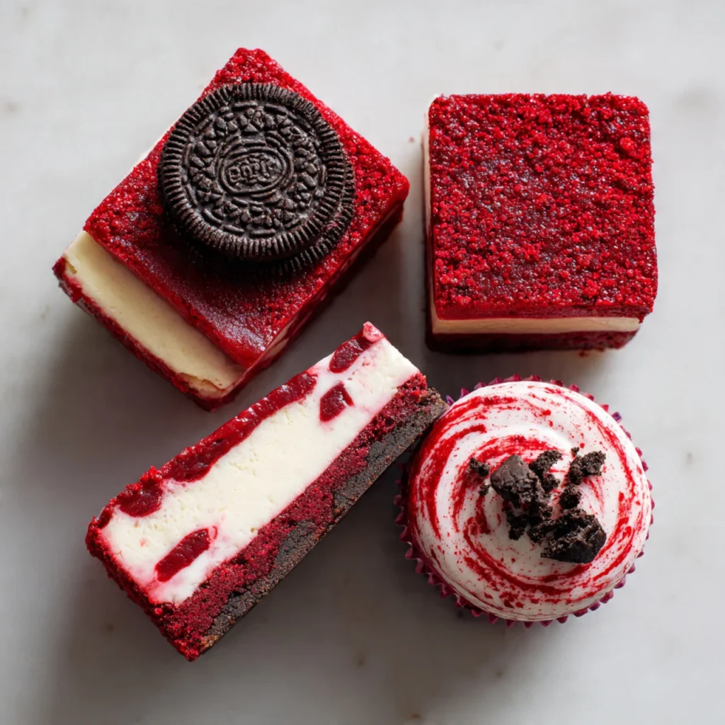 Four variations of red velvet Oreo cheesecake