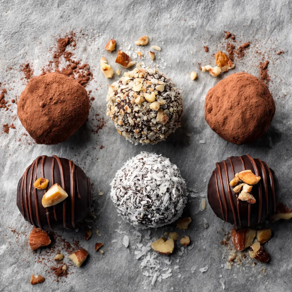 Four variations of dark chocolate gluten free truffles