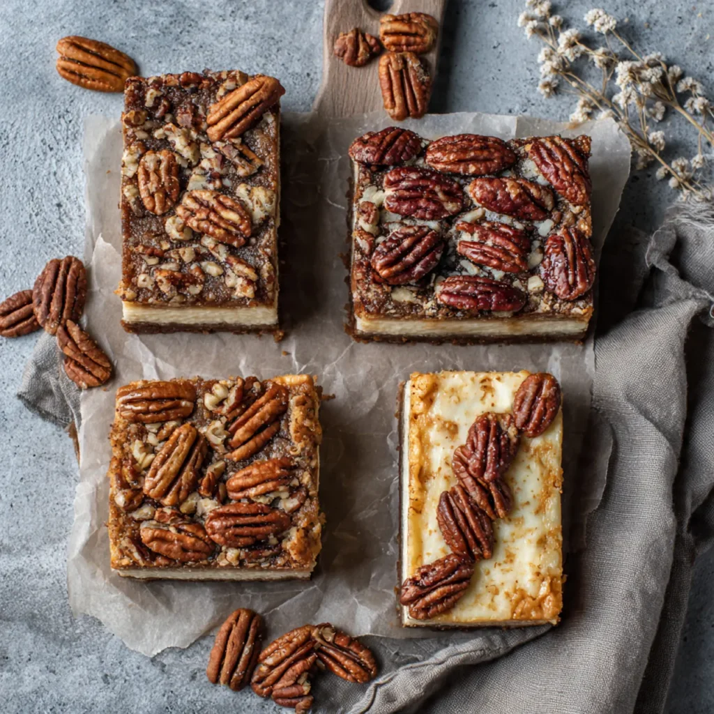 Four variations of Pecan Pie Cheesecake Bars