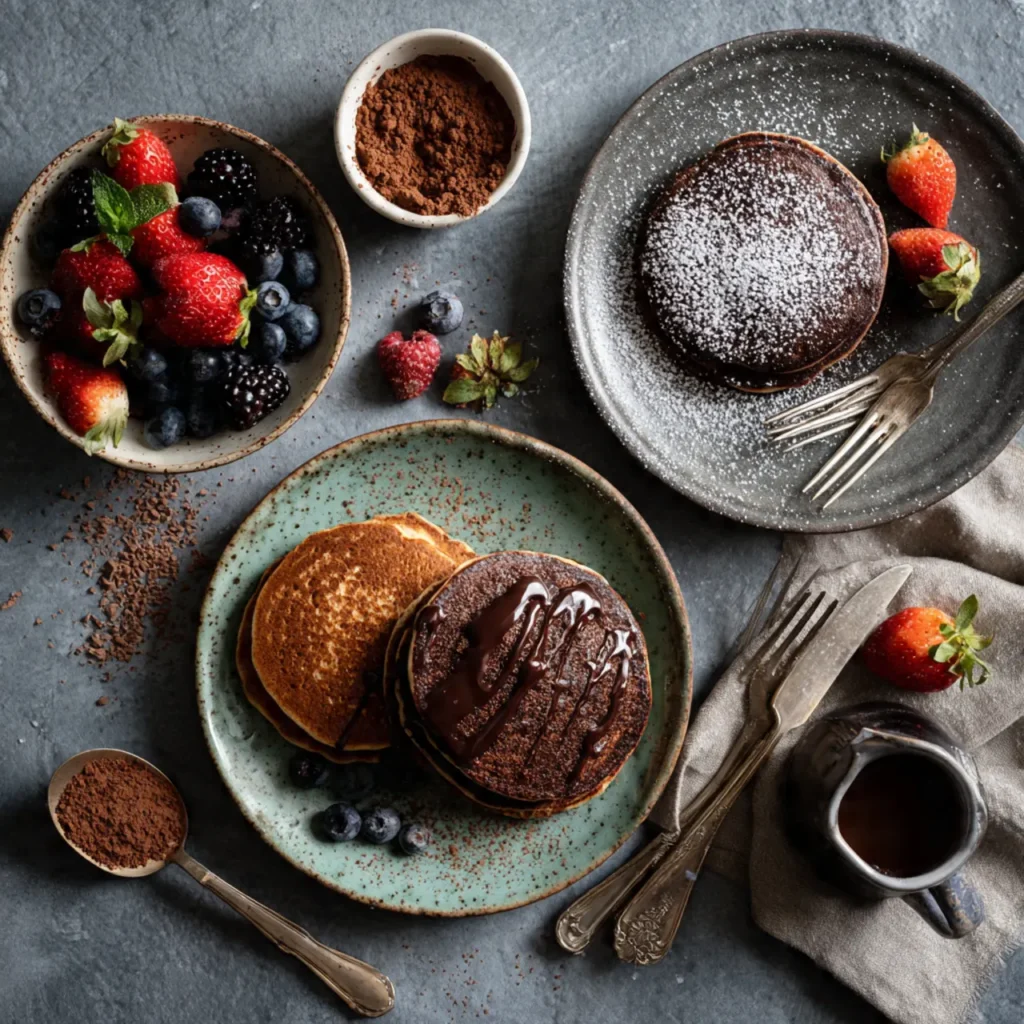 Four chocolate pancake variations flat lay