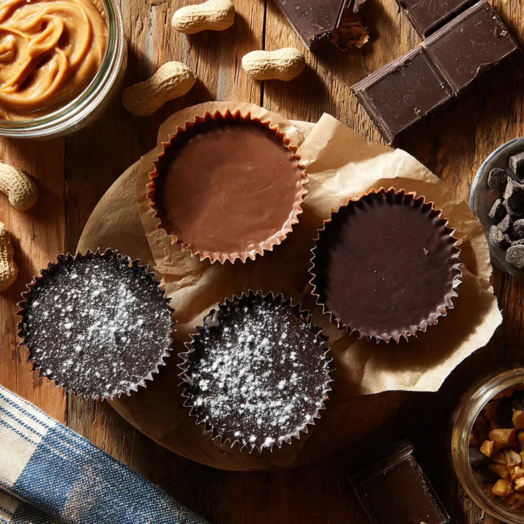 Homemade Reese’s cup cut in half showing peanut butter filling