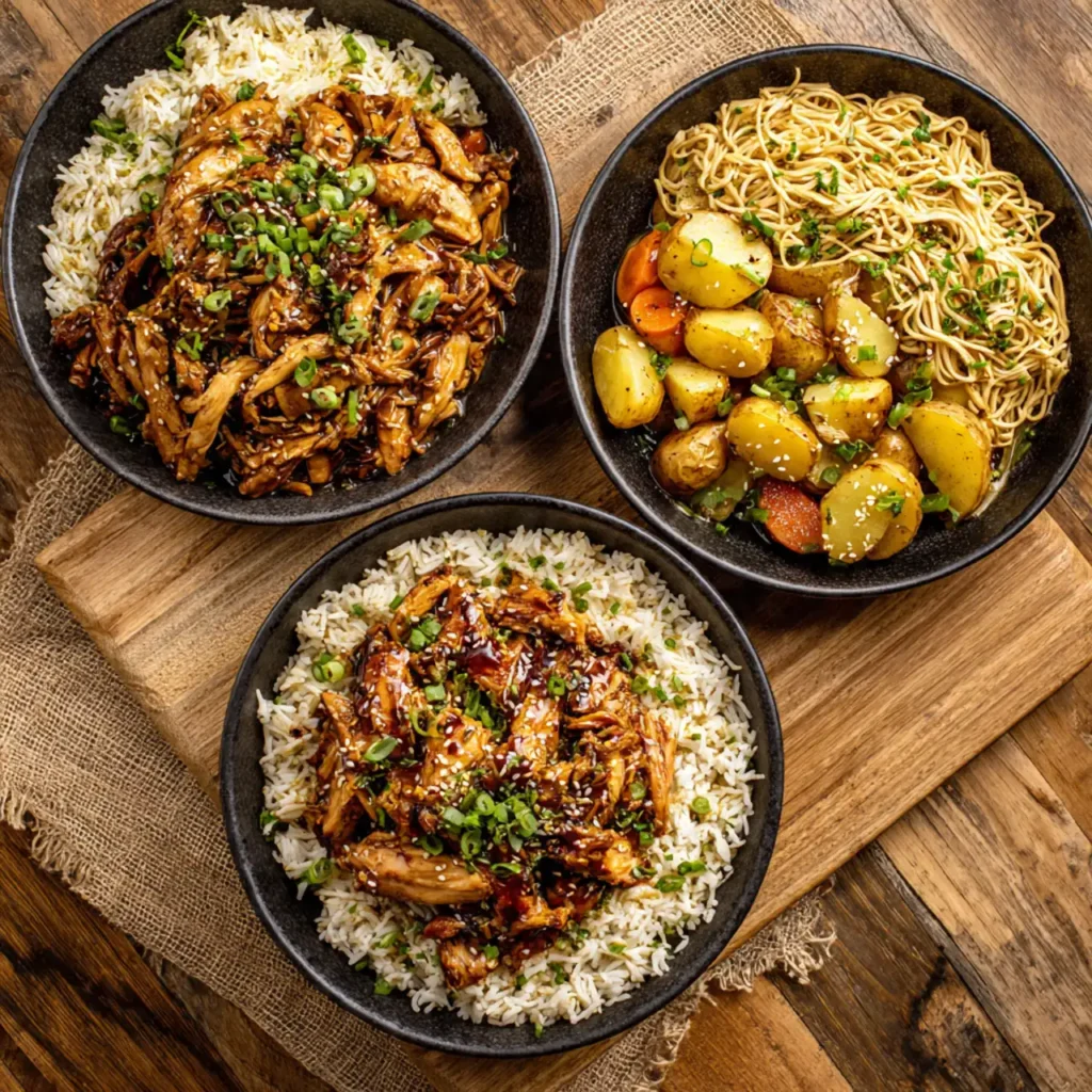 Crockpot soy honey garlic chicken served with rice, noodles, and potatoes