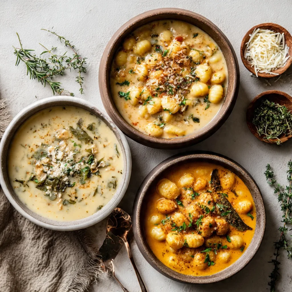Three versions of potato gnocchi soup