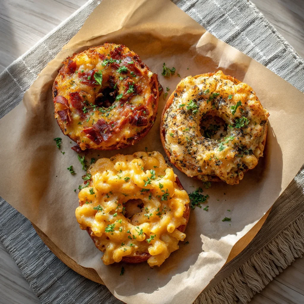 Three variations of Cheesy Bacon Mac Burger Stuffed Onion Rings