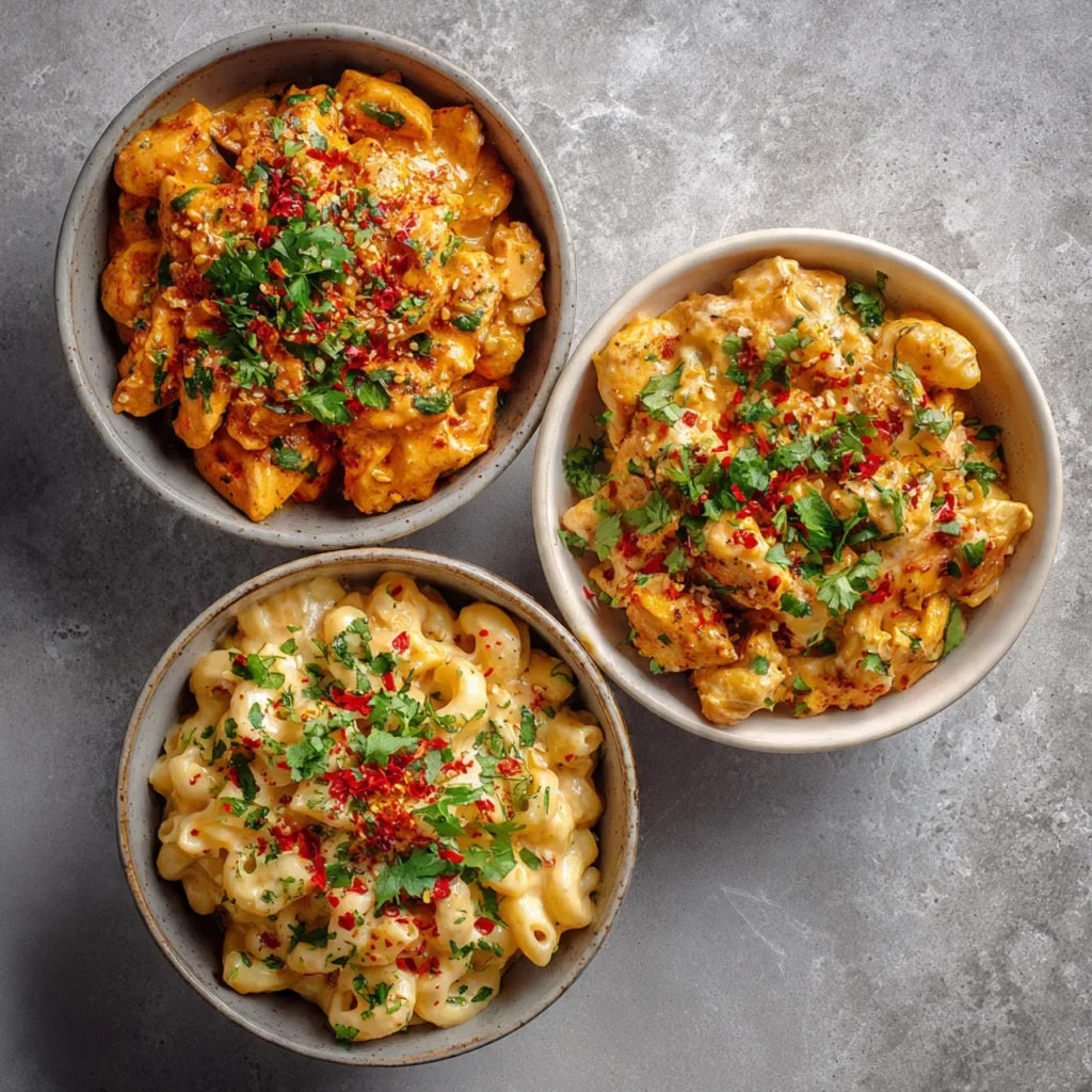 Three variations of butter chicken mac and cheese