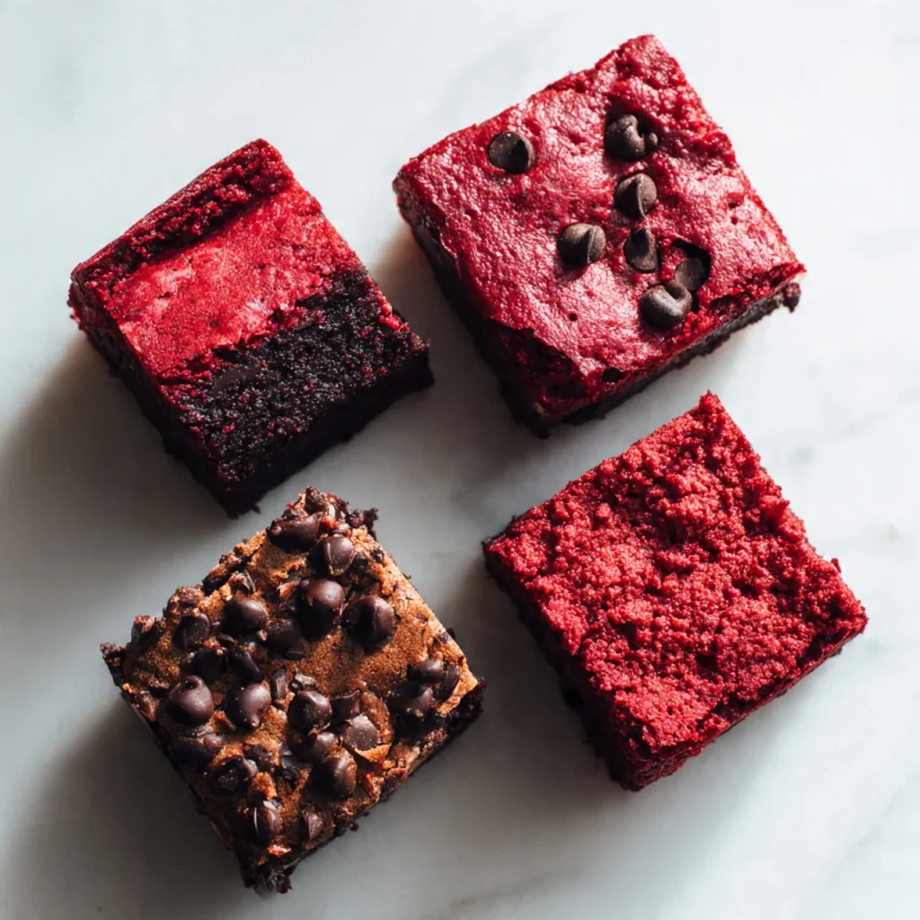 Four variations of red velvet brownies